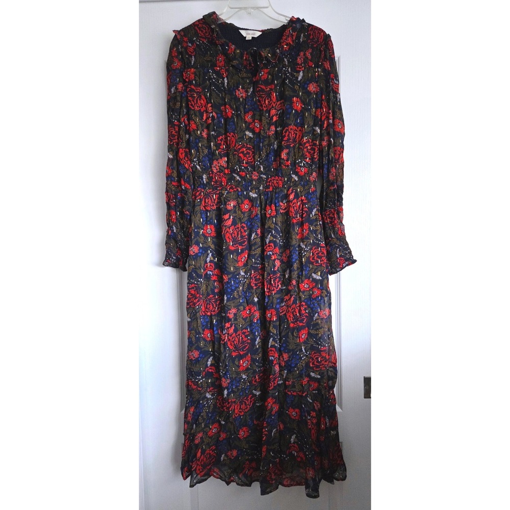Per Una Marks Spencer Navy Floral Metallic Maxi Dress Smocked Tiered Size 10